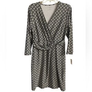 Talbots Black and White Geometric Faux-Wrap Dress Medium NWT
